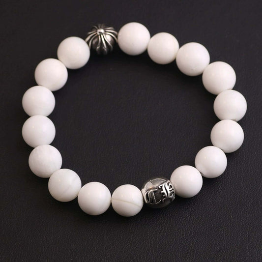 Chrome Hearts Cross & Letters Beads Bracelet, White Shell & Solid Silver Ball Chain Bracelets