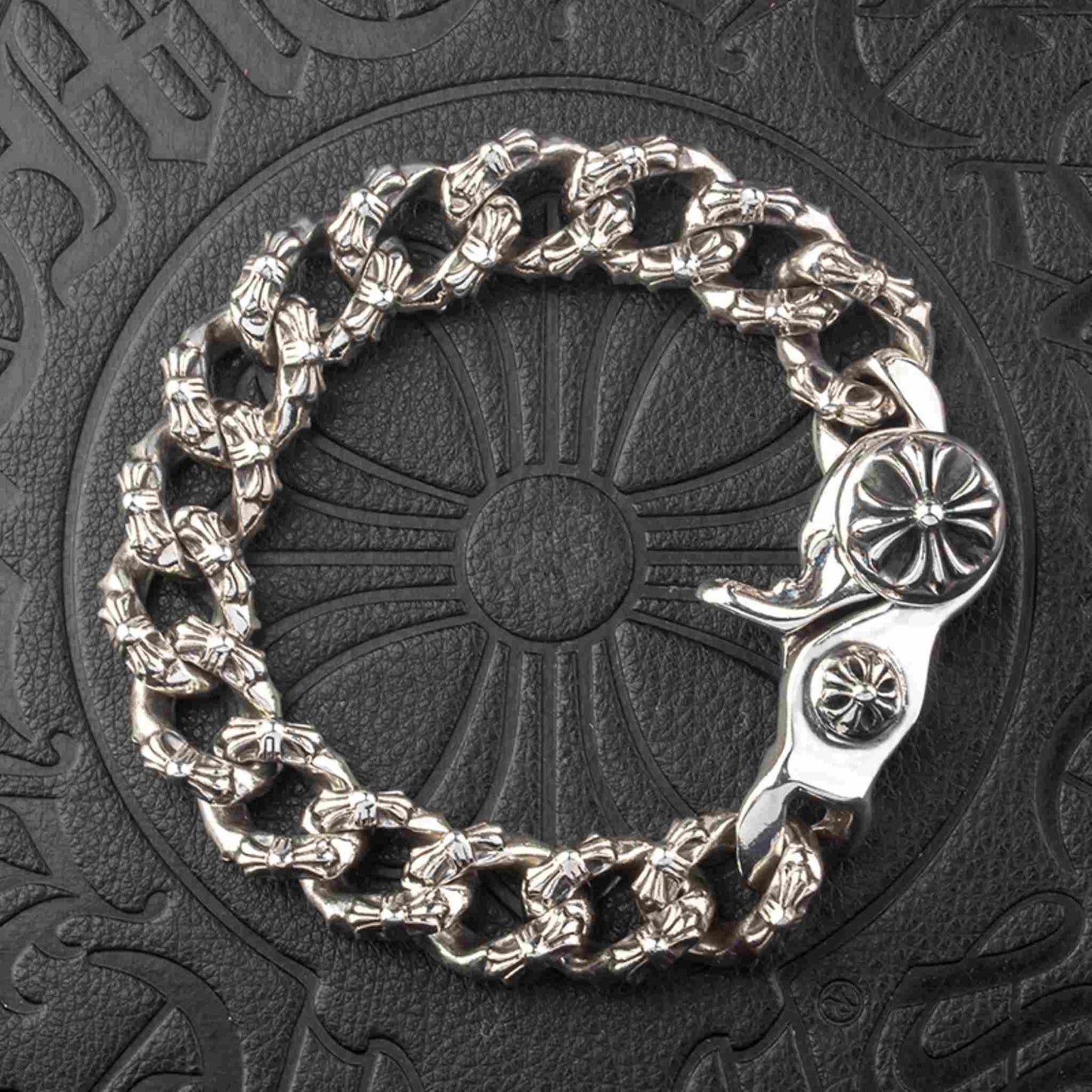 Chrome Hearts Style Cross Cuban Link Chunky Bracelet, 925 Silver Punk Statement Clip-on Chain Bracelets