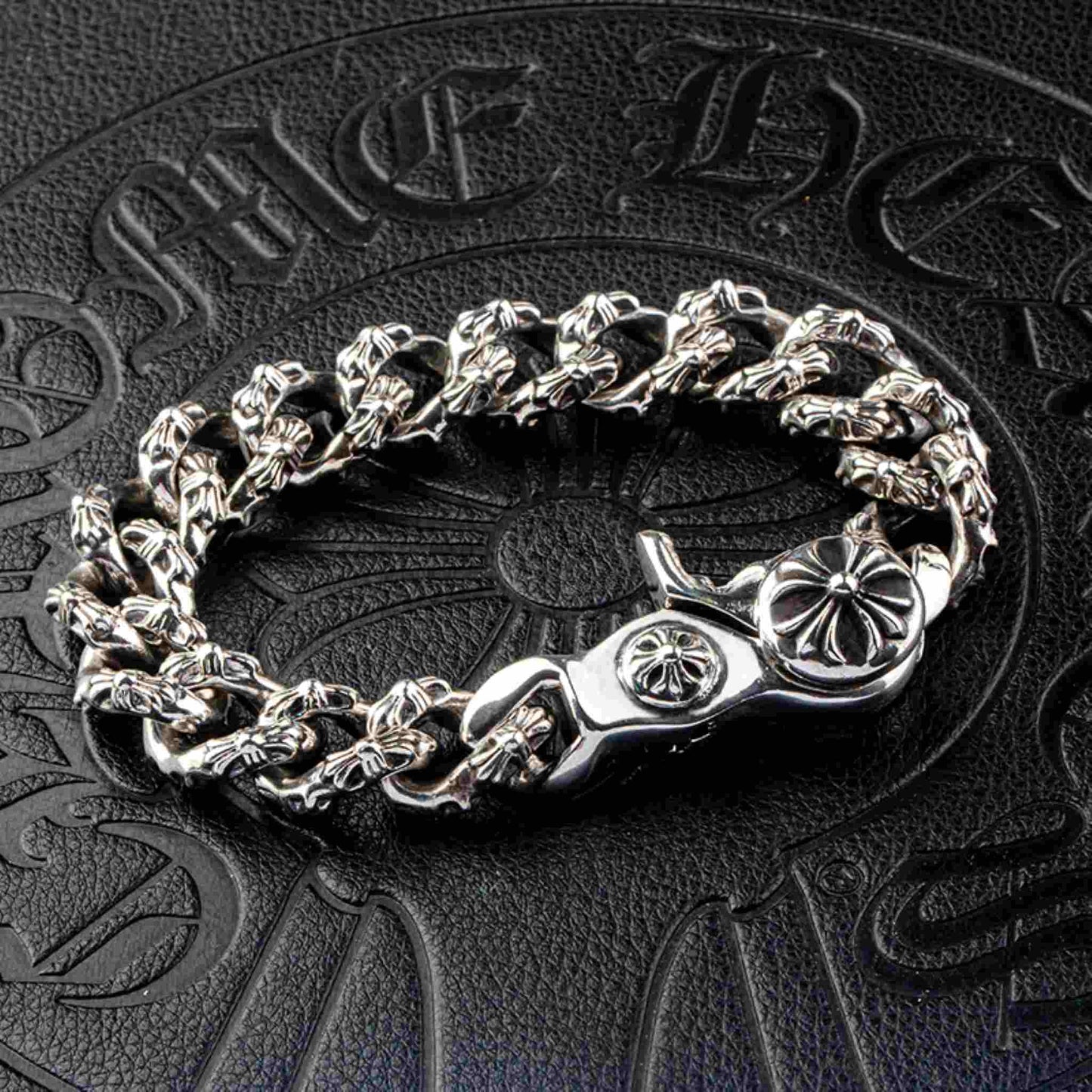 Chrome Hearts Style Cross Cuban Link Chunky Bracelet, 925 Silver Punk Statement Clip-on Chain Bracelets
