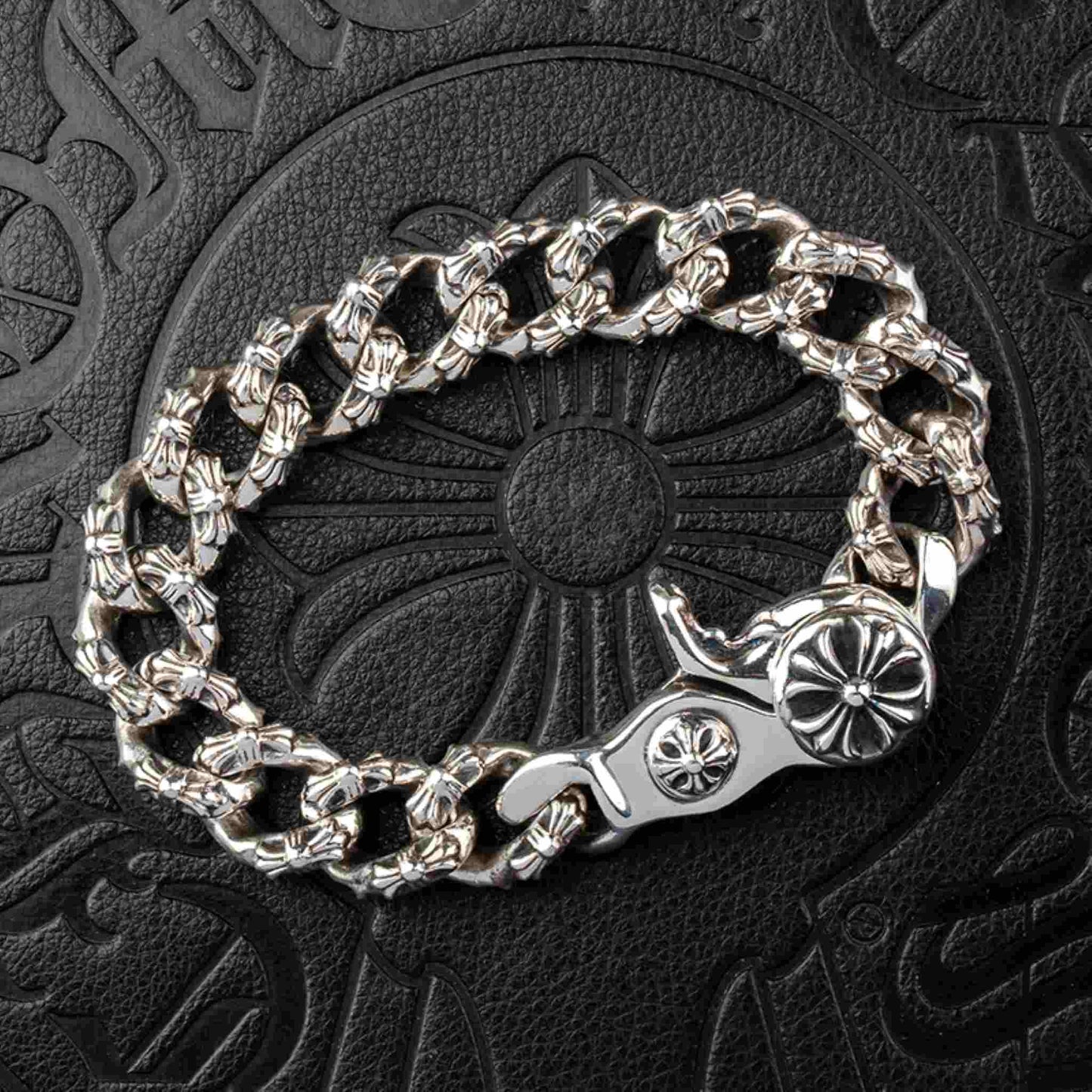 Chrome Hearts Style Cross Cuban Link Chunky Bracelet, 925 Silver Punk Statement Clip-on Chain Bracelets