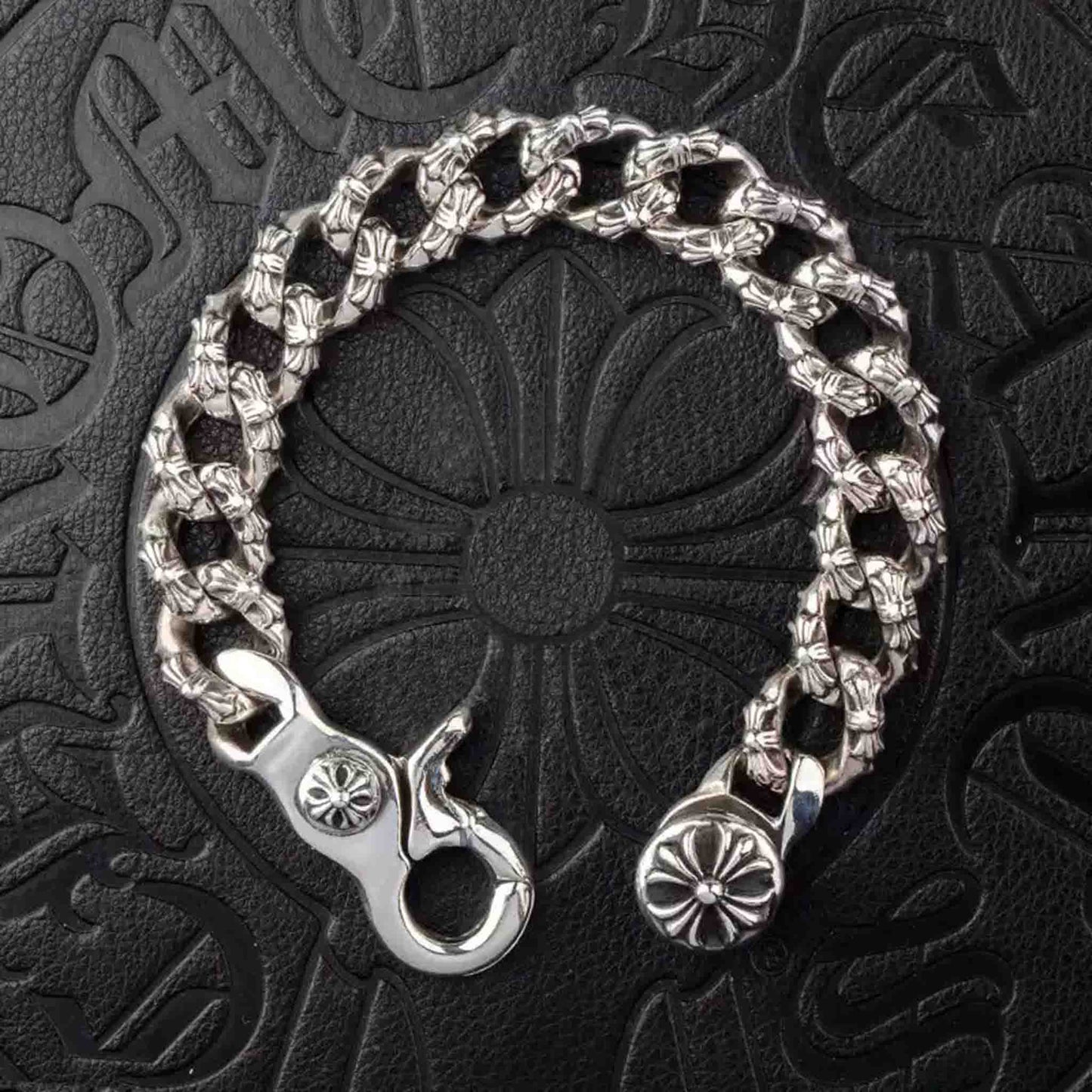 Chrome Hearts Style Cross Cuban Link Chunky Bracelet, 925 Silver Punk Statement Clip-on Chain Bracelets