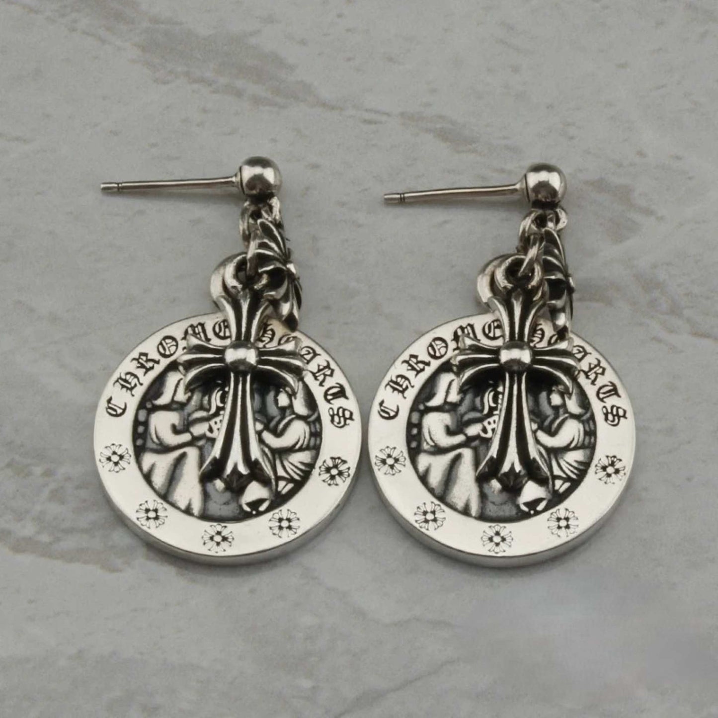 Chrome Hearts Cross & Dagger Three Pendants Drop Earring, CH Sterling Silver Punk Statement Dangle Earrings