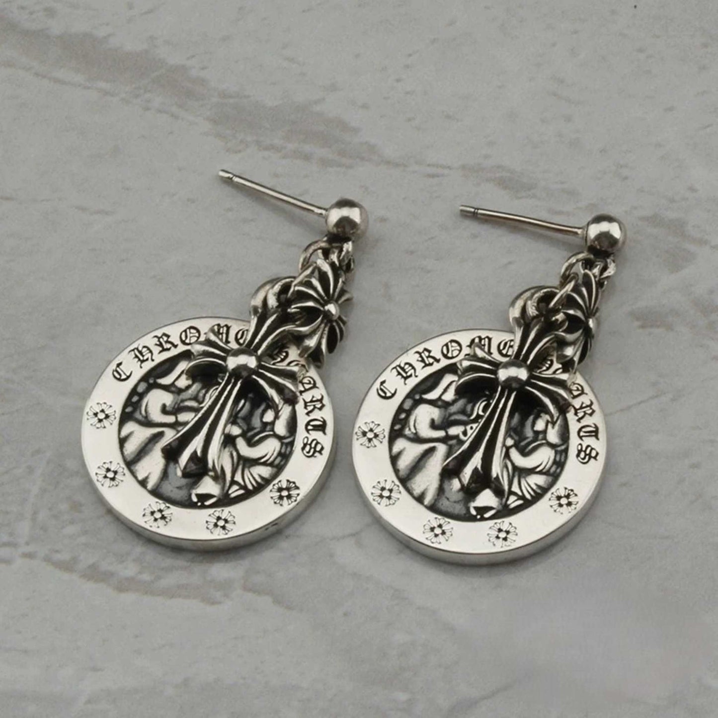 Chrome Hearts Cross & Dagger Three Pendants Drop Earring, CH Sterling Silver Punk Statement Dangle Earrings