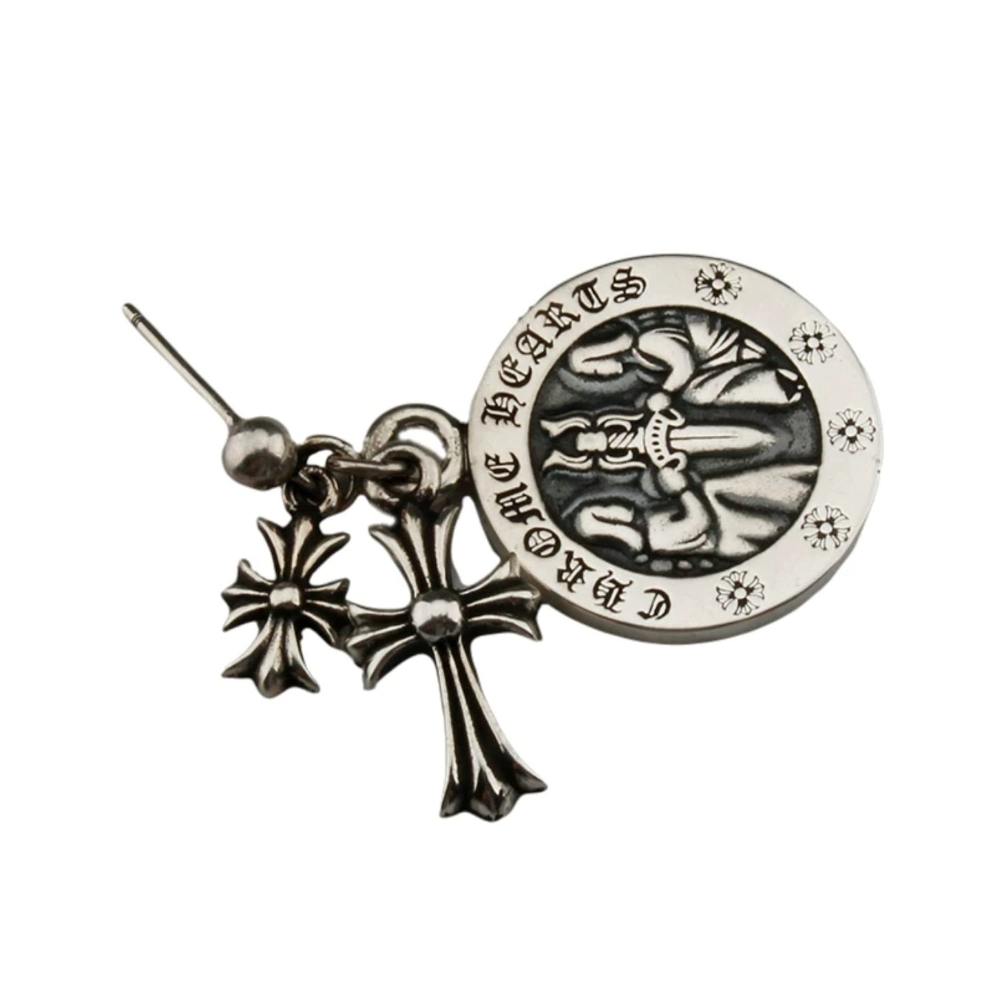 Chrome Hearts Cross & Dagger Three Pendants Drop Earring, CH Sterling Silver Punk Statement Dangle Earrings