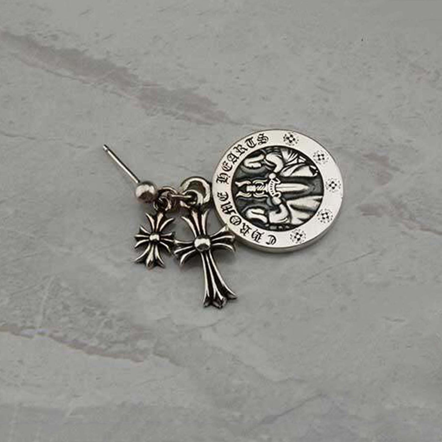 Chrome Hearts Cross & Dagger Three Pendants Drop Earring, CH Sterling Silver Punk Statement Dangle Earrings