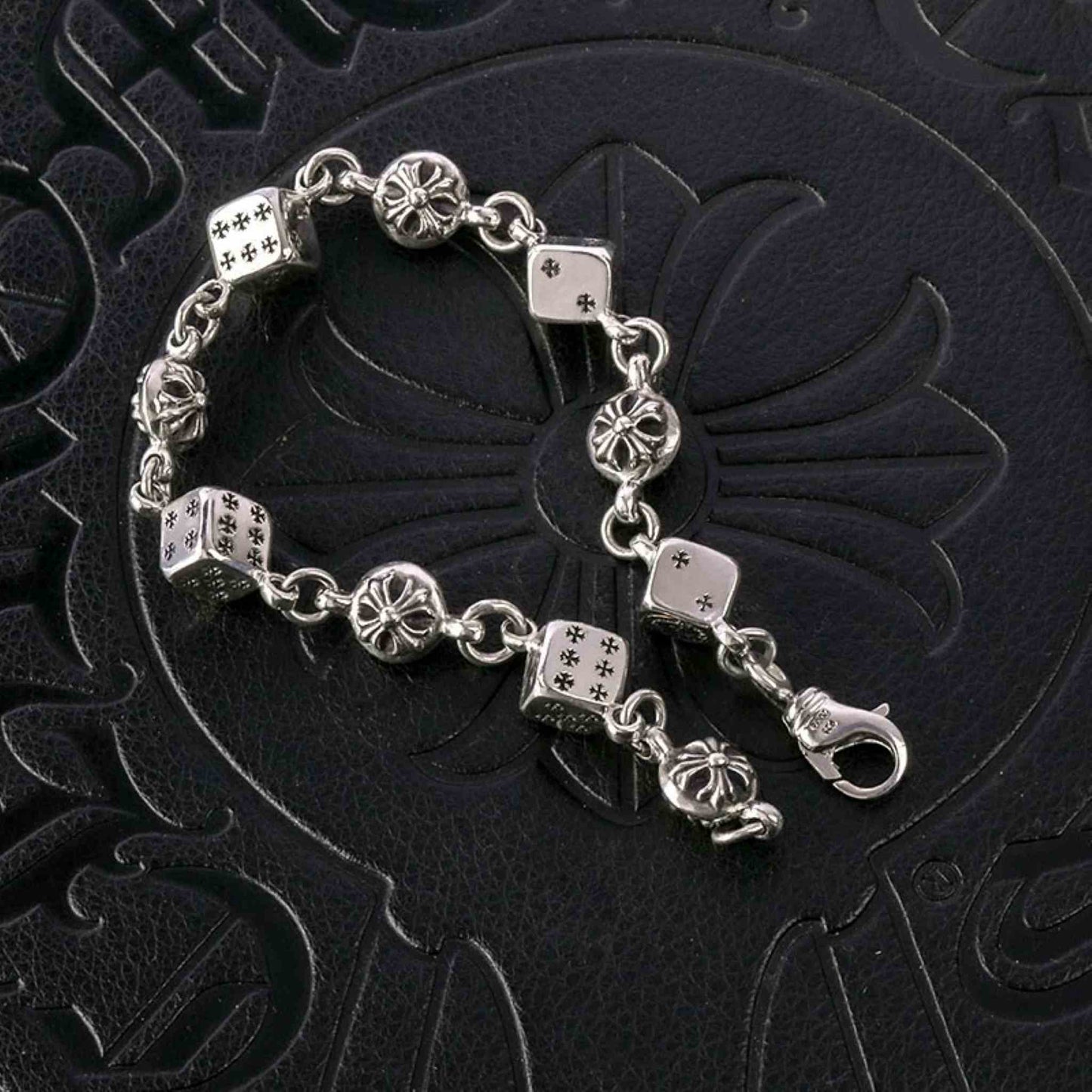 Chrome Hearts Style Cross Cube Dice Bracelet, Sterling Silver Punk Statement Bracelets