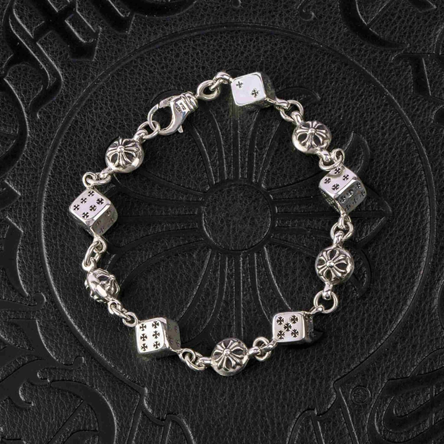 Chrome Hearts Style Cross Cube Dice Bracelet, Sterling Silver Punk Statement Bracelets