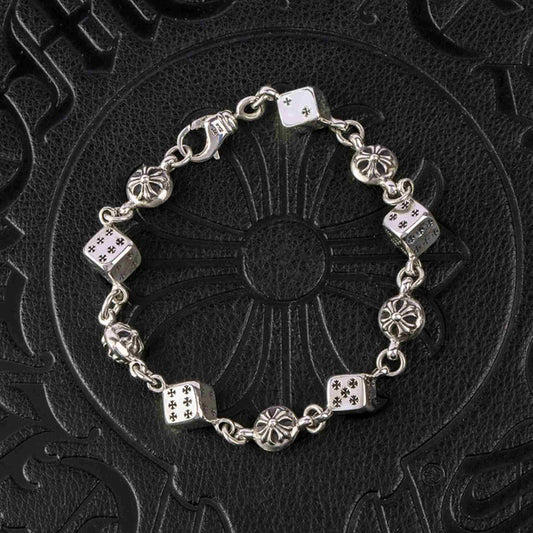 Chrome Hearts Style Cross Cube Dice Bracelet, Sterling Silver Punk Statement Bracelets