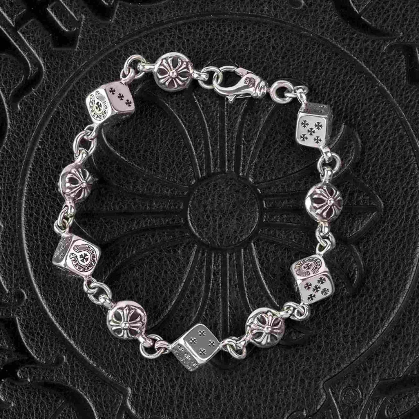 Chrome Hearts Style Cross Cube Dice Bracelet, Sterling Silver Punk Statement Bracelets