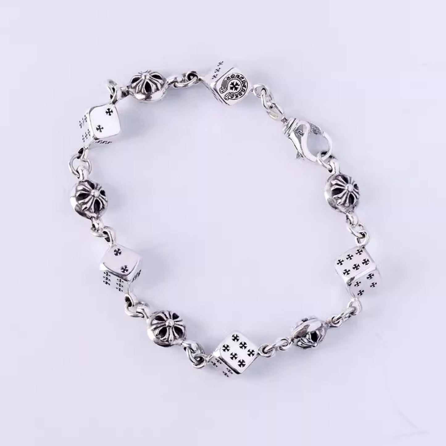 Chrome Hearts Style Cross Cube Dice Bracelet, Sterling Silver Punk Statement Bracelets