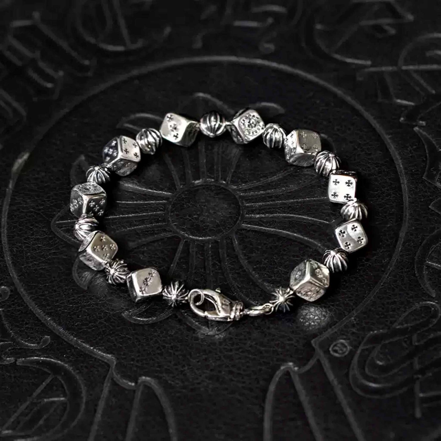 Chrome Hearts Style Cross Ball & Cube Dice Bracelet, Sterling Silver Punk Statement Bracelets