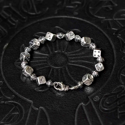 Chrome Hearts Style Cross Ball & Cube Dice Bracelet, Sterling Silver Punk Statement Bracelets