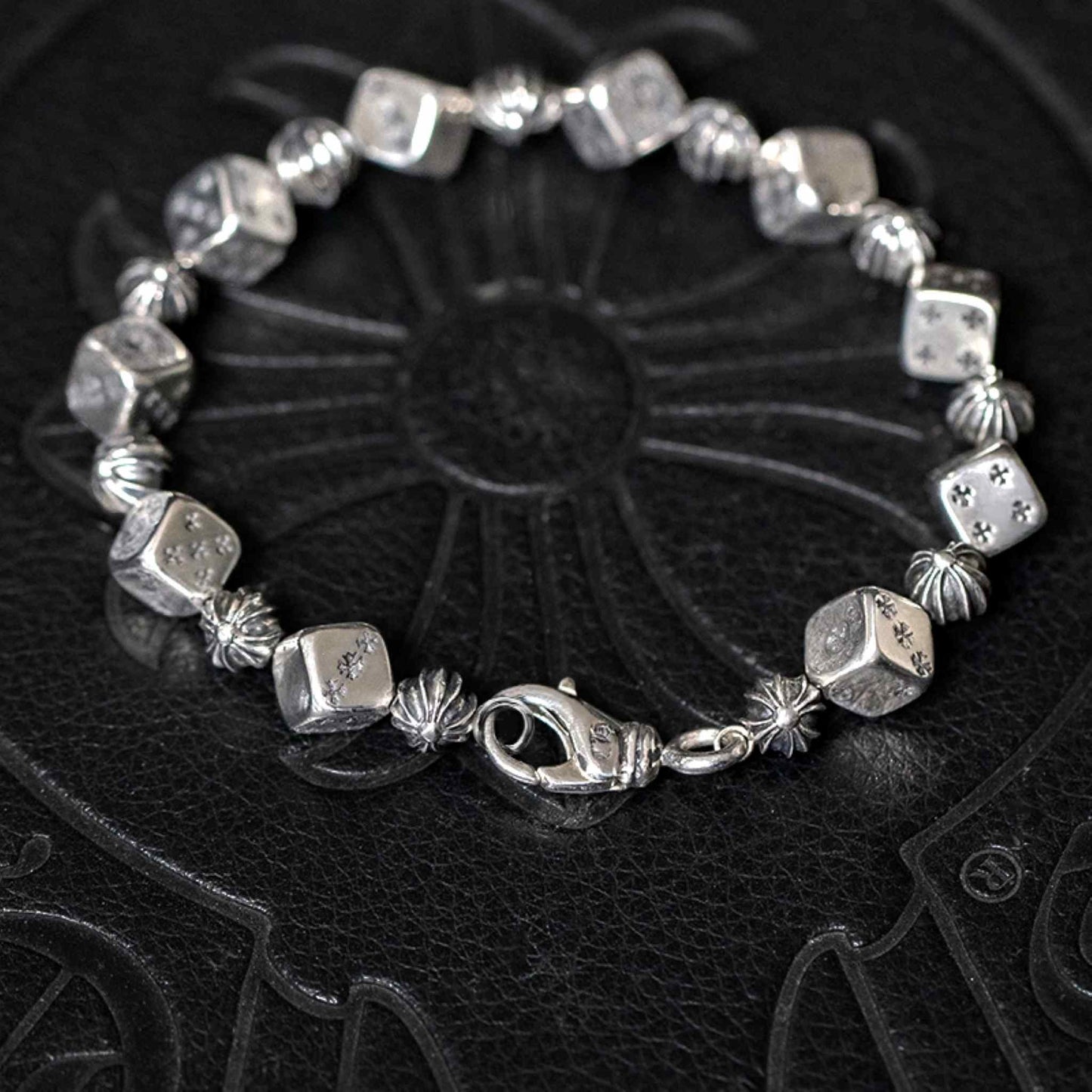 Chrome Hearts Style Cross Ball & Cube Dice Bracelet, Sterling Silver Punk Statement Bracelets