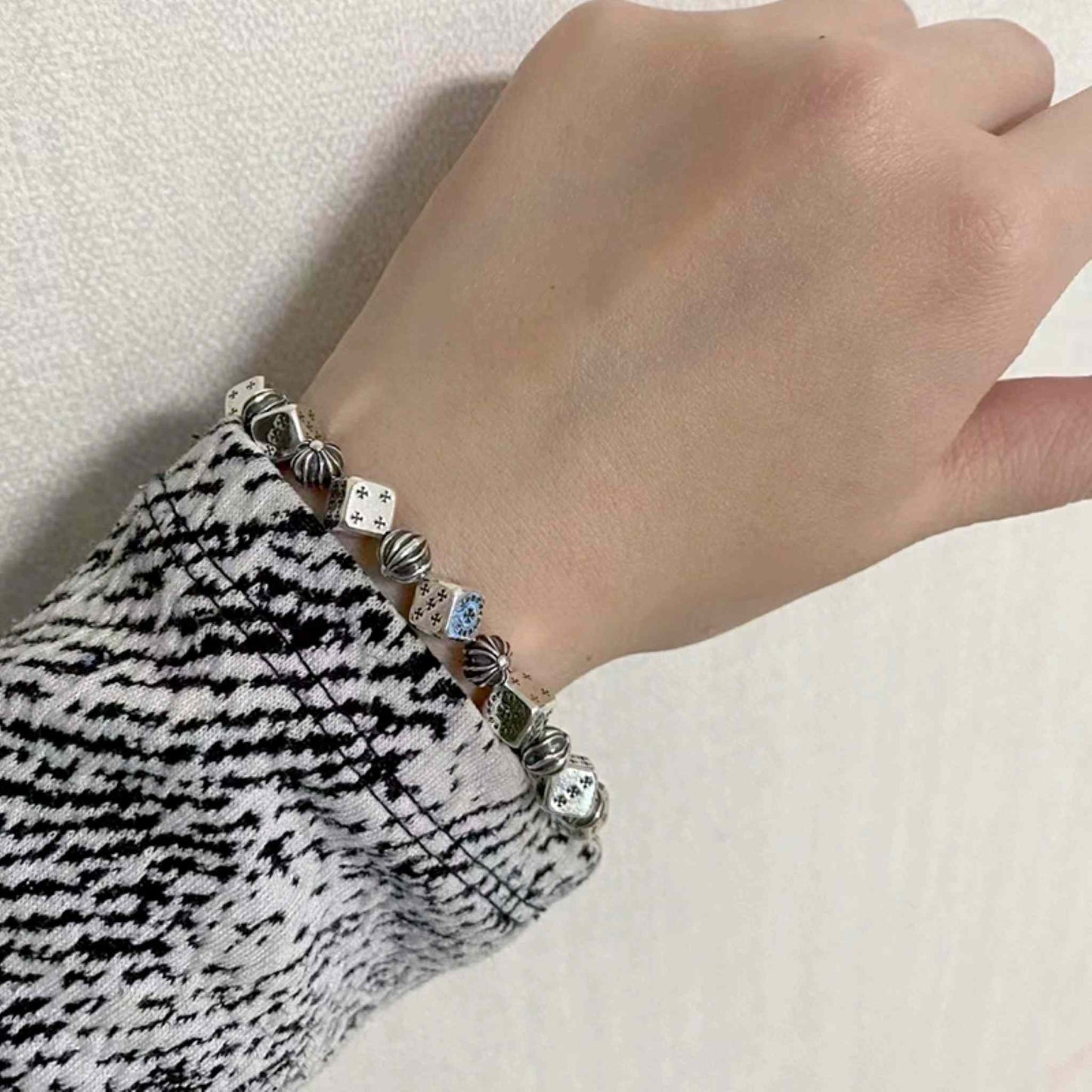 Chrome Hearts Style Cross Ball & Cube Dice Bracelet, Sterling Silver Punk Statement Bracelets