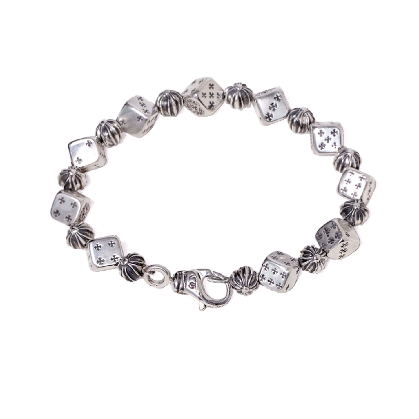 Chrome Hearts Style Cross Ball & Cube Dice Bracelet, Sterling Silver Punk Statement Bracelets