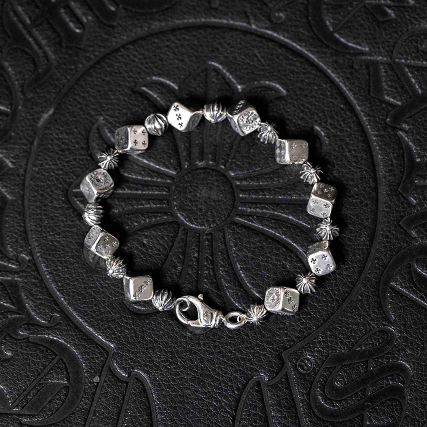 Chrome Hearts Style Cross Ball & Cube Dice Bracelet, Sterling Silver Punk Statement Bracelets