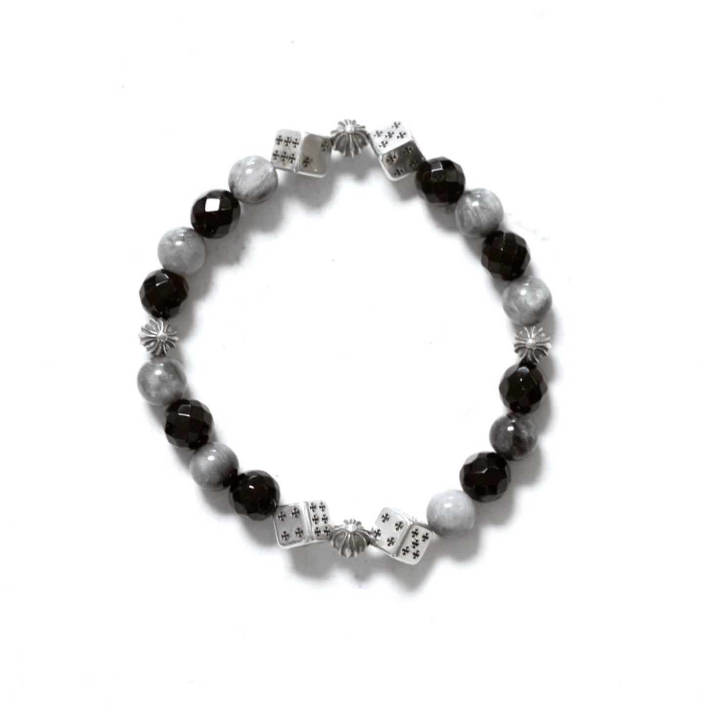 Chrome Hearts Cross Ball & Cube Dice Obsidian Beaded Bracelet, Sterling Silver Punk Statement Bracelets