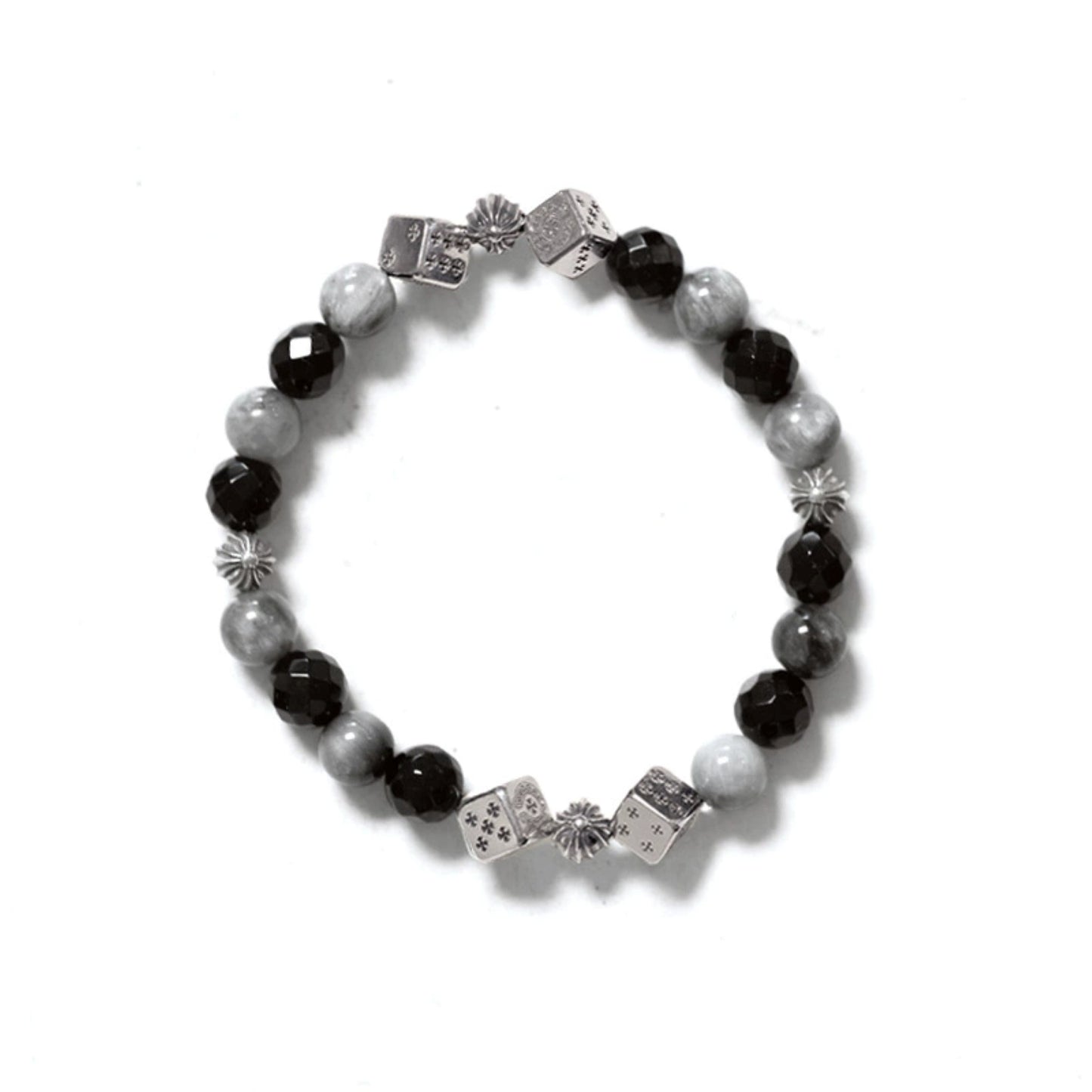 Chrome Hearts Cross Ball & Cube Dice Obsidian Beaded Bracelet, Sterling Silver Punk Statement Bracelets
