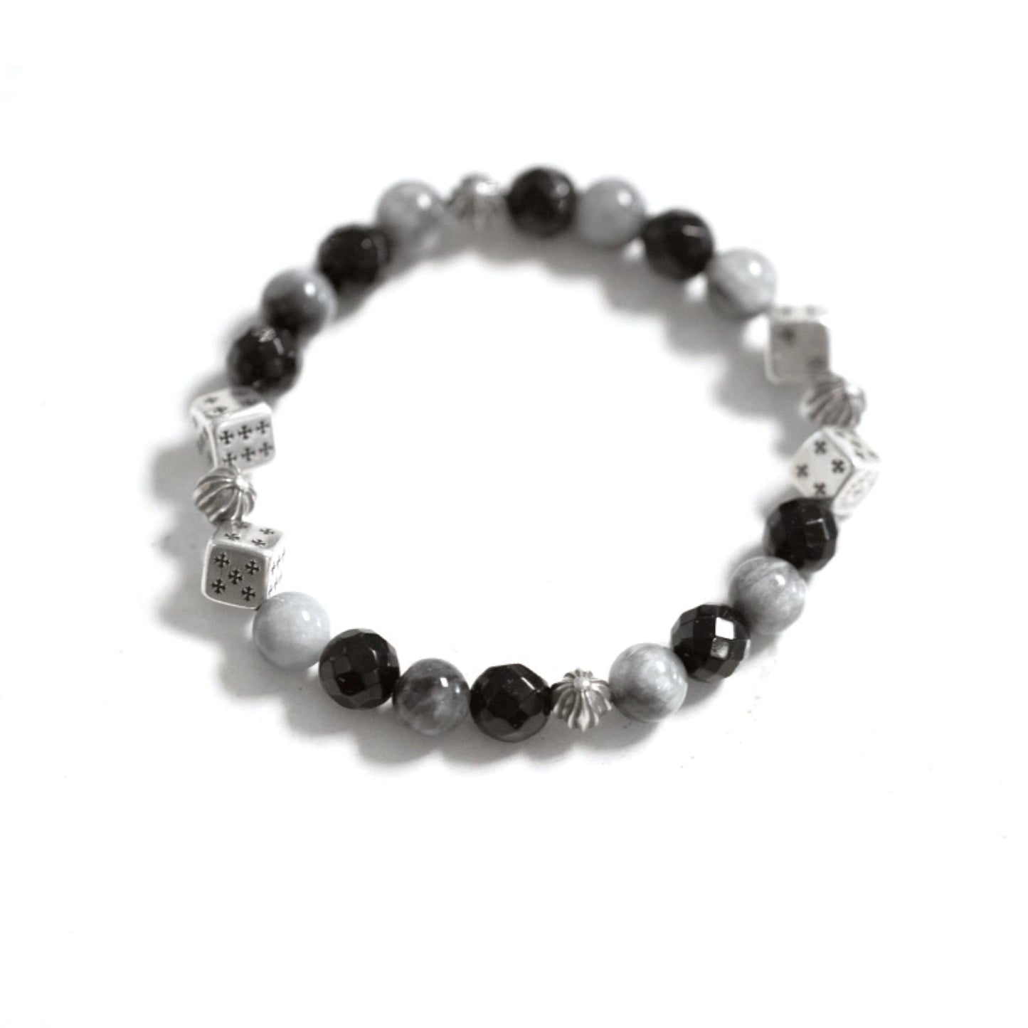 Chrome Hearts Cross Ball & Cube Dice Obsidian Beaded Bracelet, Sterling Silver Punk Statement Bracelets
