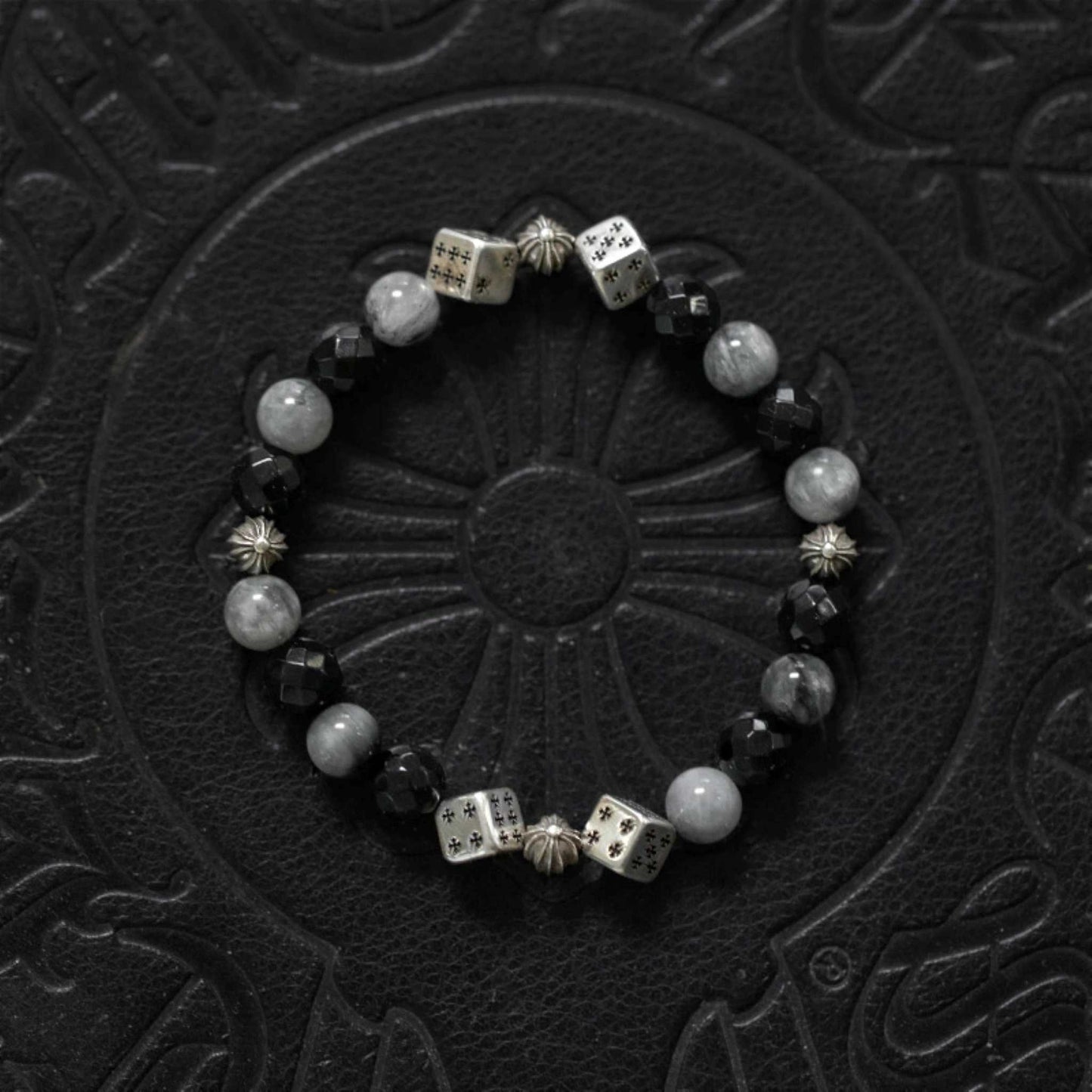 Chrome Hearts Cross Ball & Cube Dice Obsidian Beaded Bracelet, Sterling Silver Punk Statement Bracelets