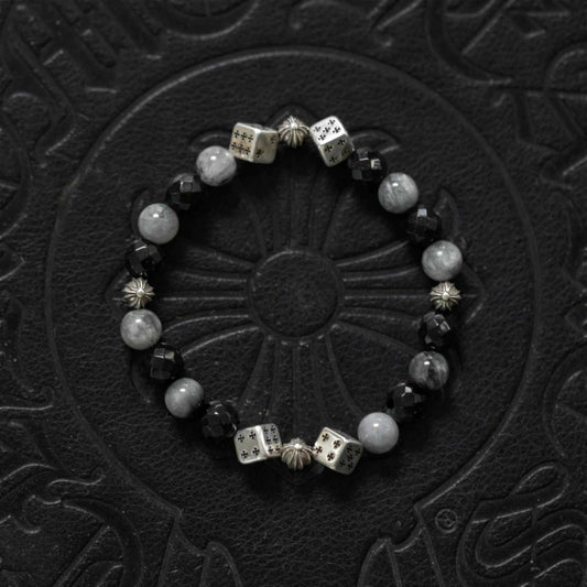 Chrome Hearts Cross Ball & Cube Dice Obsidian Beaded Bracelet, Sterling Silver Punk Statement Bracelets