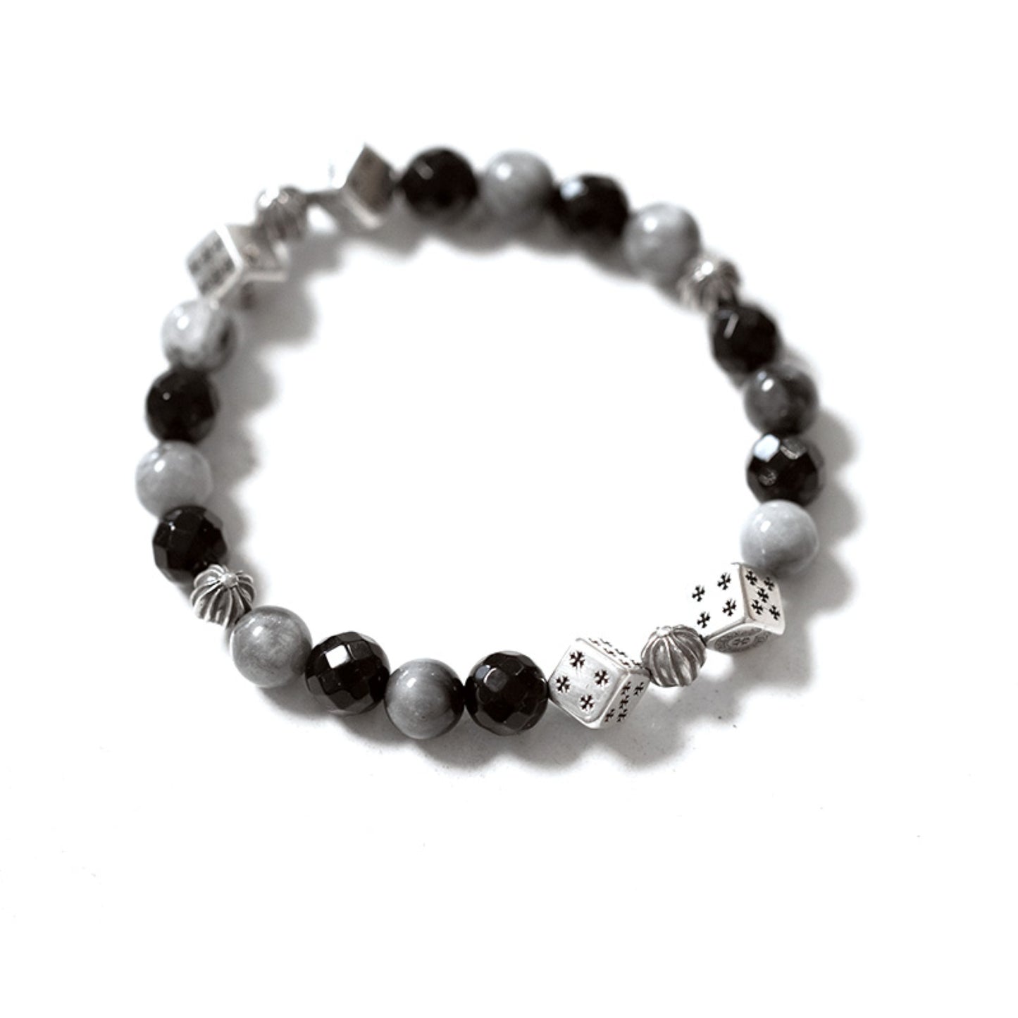 Chrome Hearts Cross Ball & Cube Dice Obsidian Beaded Bracelet, Sterling Silver Punk Statement Bracelets
