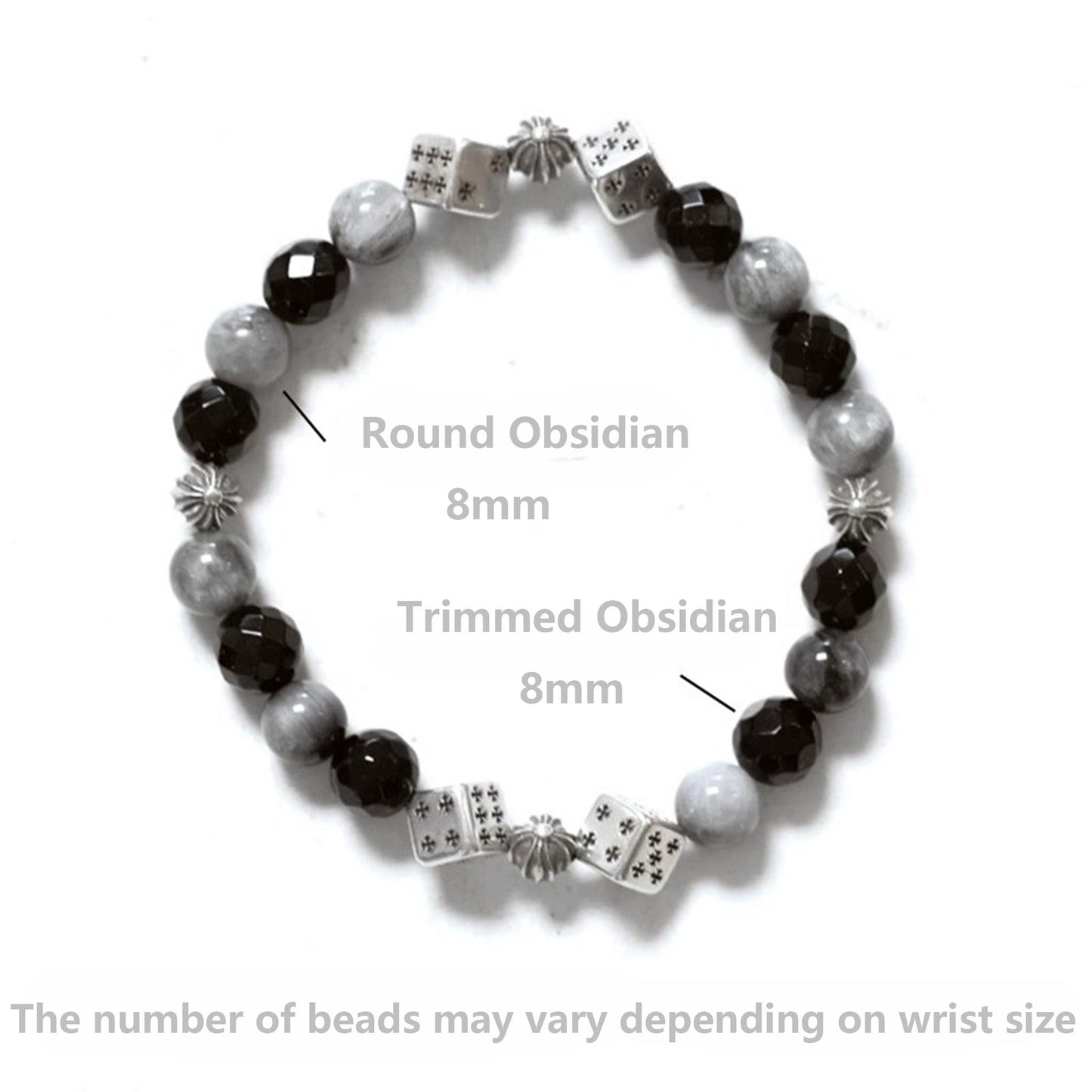Chrome Hearts Cross Ball & Cube Dice Obsidian Beaded Bracelet, Sterling Silver Punk Statement Bracelets