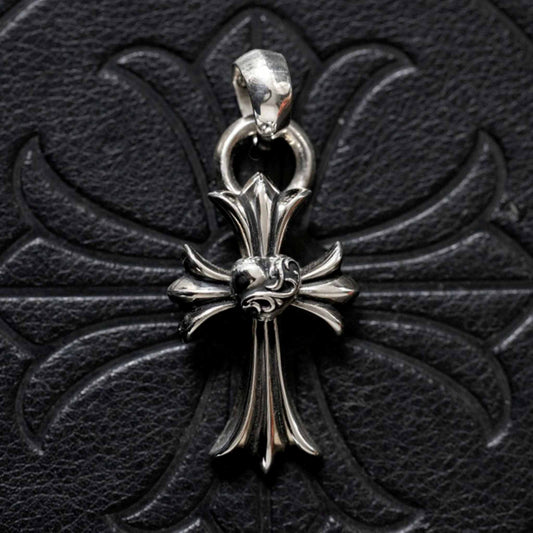 Chrome Hearts Gothic Cross & Vine Heart Necklace Pendant with Bail, 925 Silver Statement Cross Heart Charm