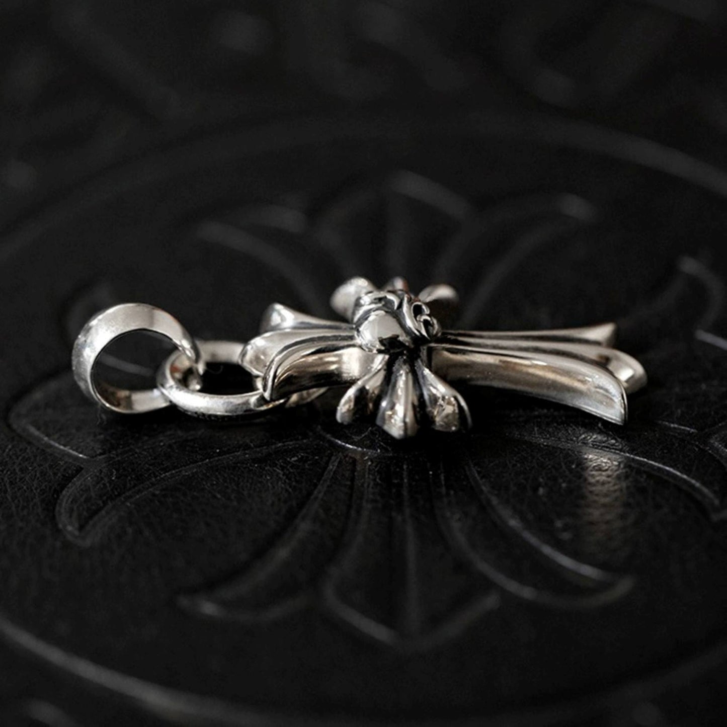 Chrome Hearts Gothic Cross & Vine Heart Necklace Pendant with Bail, 925 Silver Statement Cross Heart Charm
