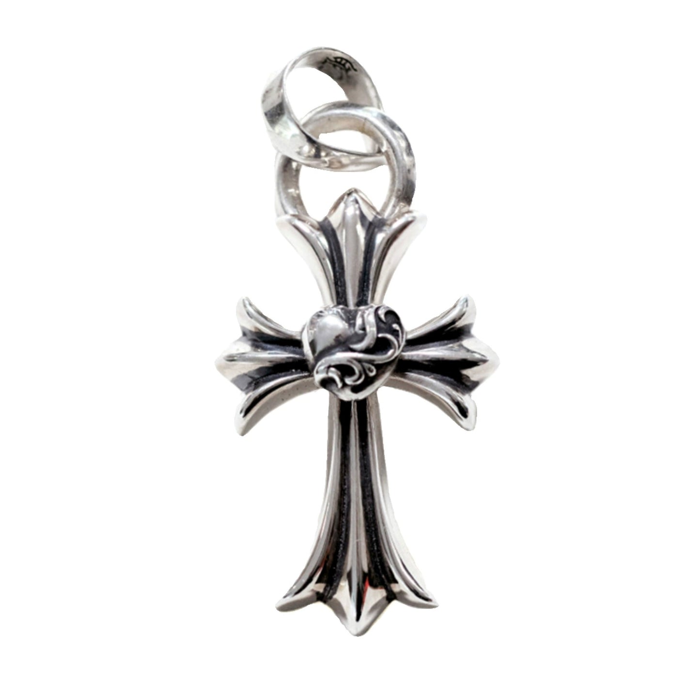 Chrome Hearts Gothic Cross & Vine Heart Necklace Pendant with Bail, 925 Silver Statement Cross Heart Charm