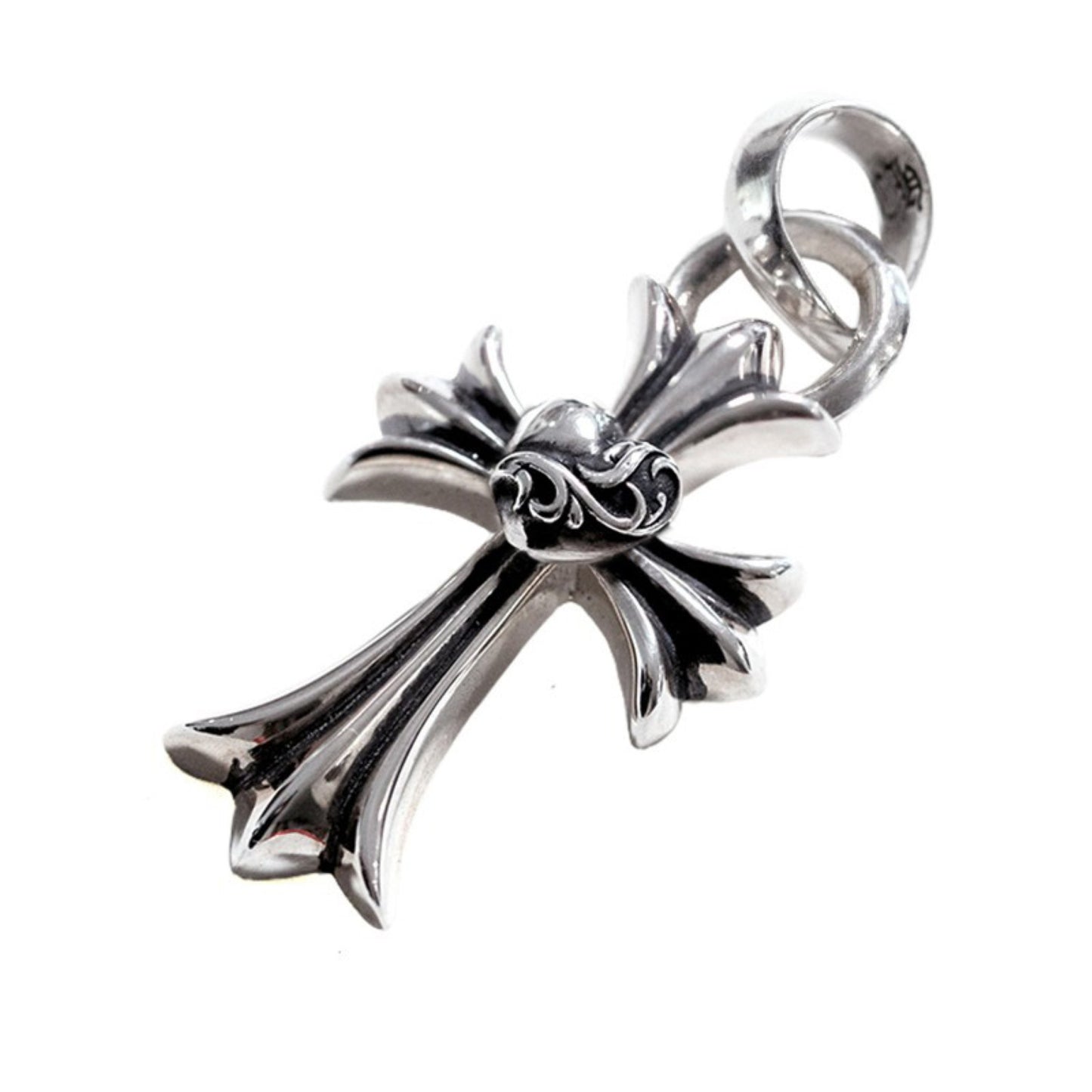 Chrome Hearts Gothic Cross & Vine Heart Necklace Pendant with Bail, 925 Silver Statement Cross Heart Charm