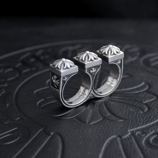 Chrome Hearts Gothic Cross Open Two Finger Ring, 925 Silver Punk Statement Rings