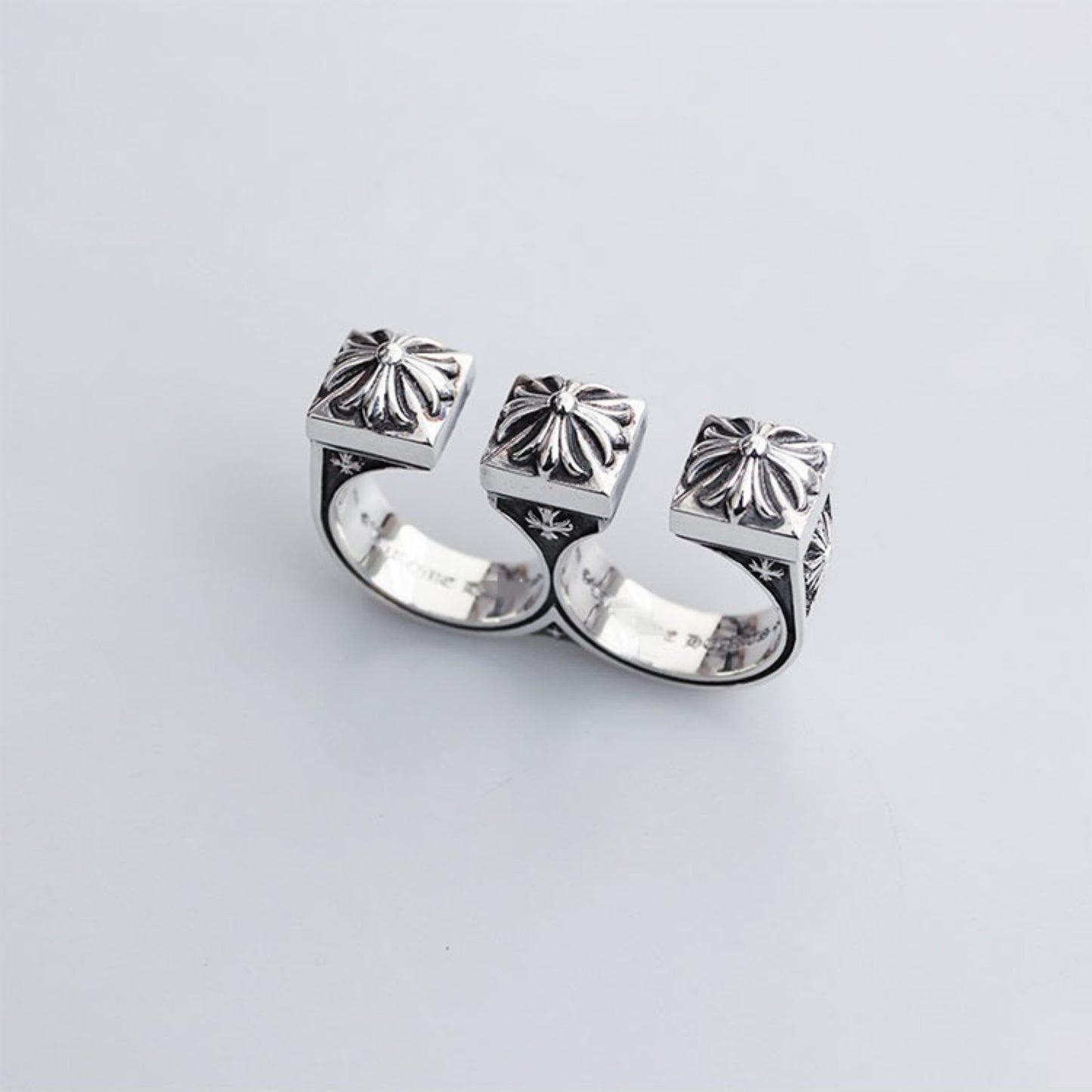Chrome Hearts Gothic Cross Open Two Finger Ring, 925 Silver Punk Statement Rings
