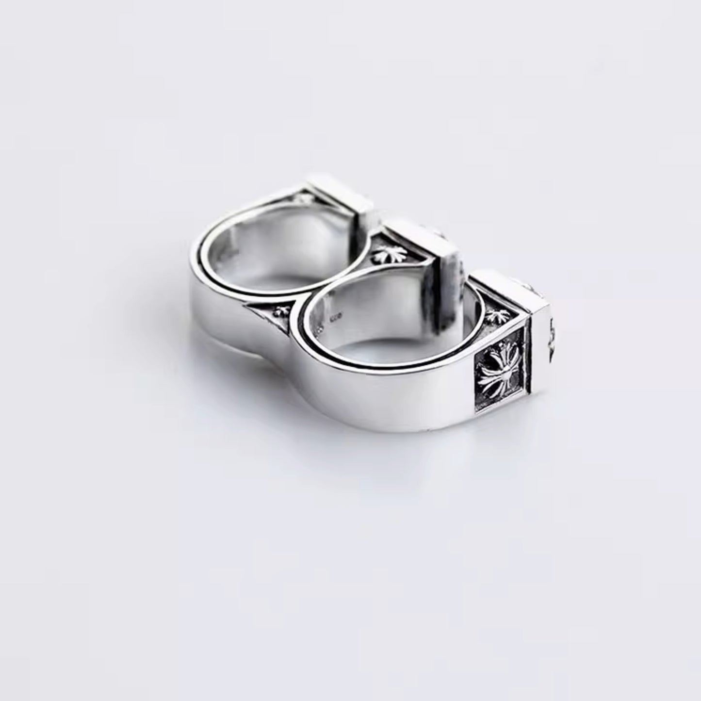 Chrome Hearts Gothic Cross Open Two Finger Ring, 925 Silver Punk Statement Rings