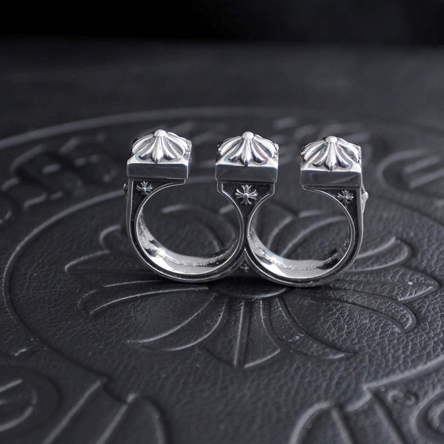 Chrome Hearts Gothic Cross Open Two Finger Ring, 925 Silver Punk Statement Rings