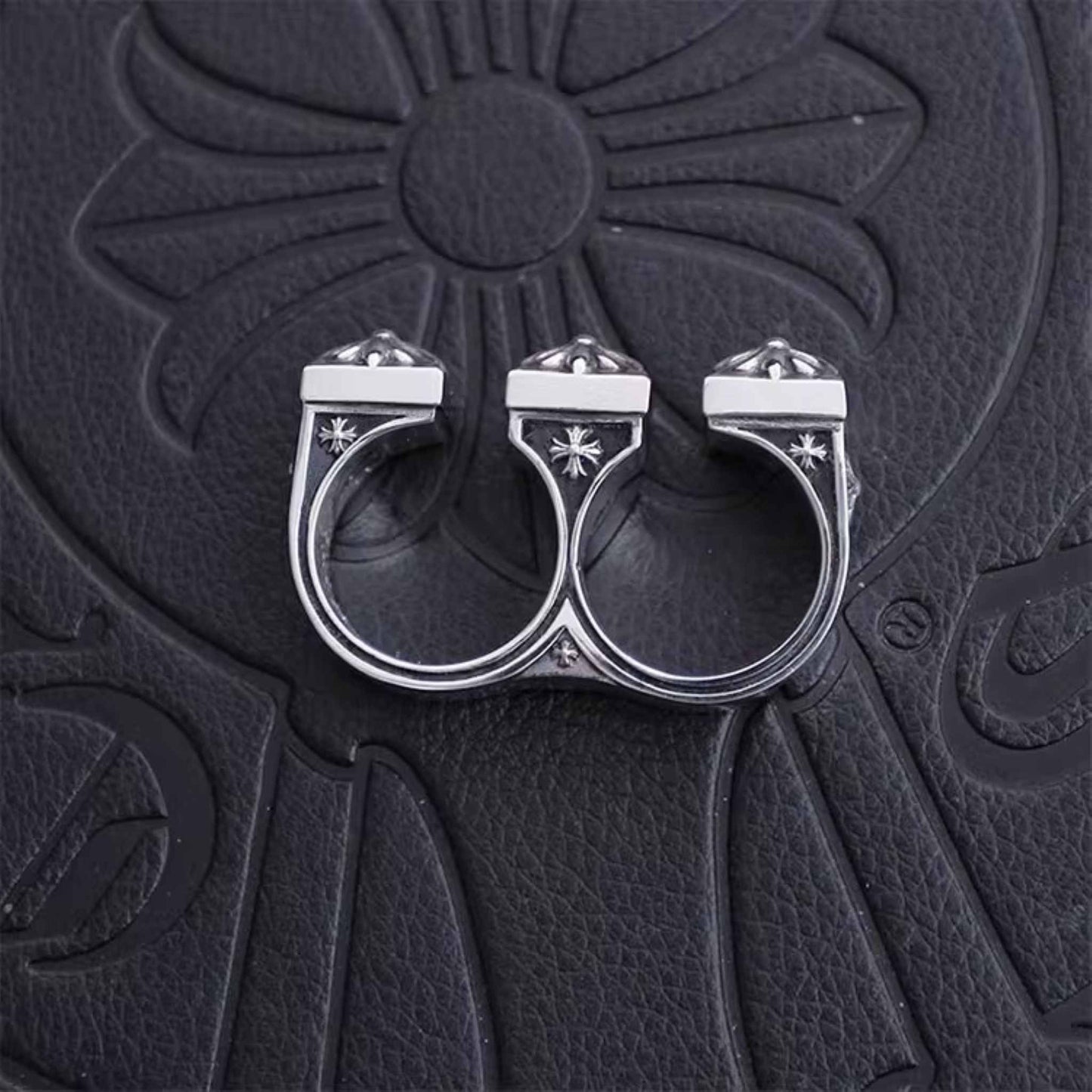 Chrome Hearts Gothic Cross Open Two Finger Ring, 925 Silver Punk Statement Rings