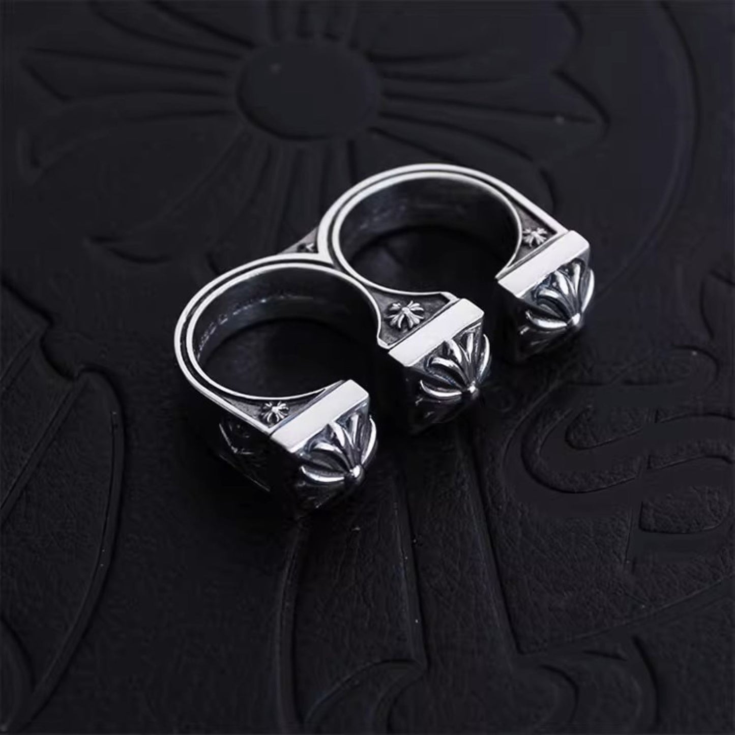 Chrome Hearts Gothic Cross Open Two Finger Ring, 925 Silver Punk Statement Rings