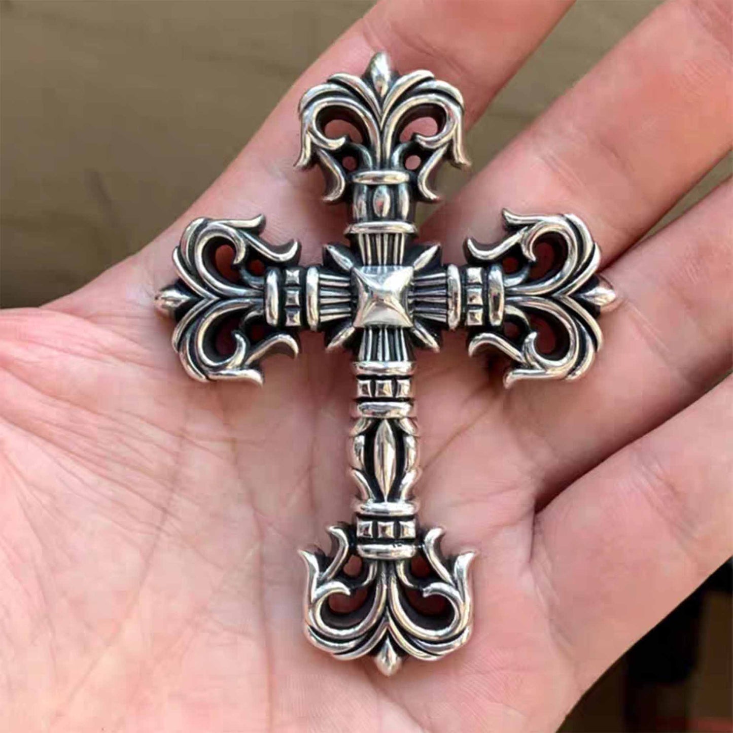 Chrome Hearts Style Necklace Pendant, Big Gothic Cross Pendant, Sterling Silver Punk Statement Charm