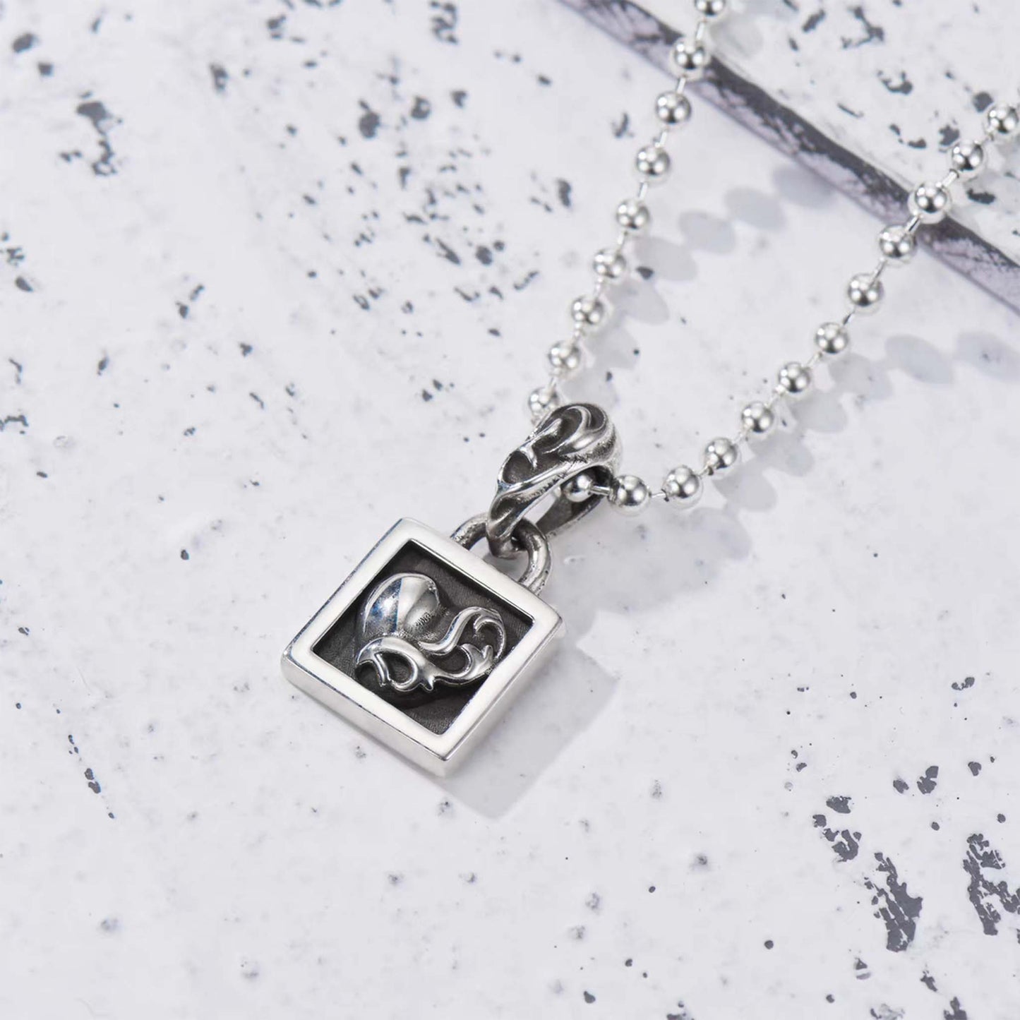 Chrome Hearts Style Square Tag Pendant, Gothic Cross/Star/Flower/Heart Charm, Sterling Silver Ball Chain Necklace