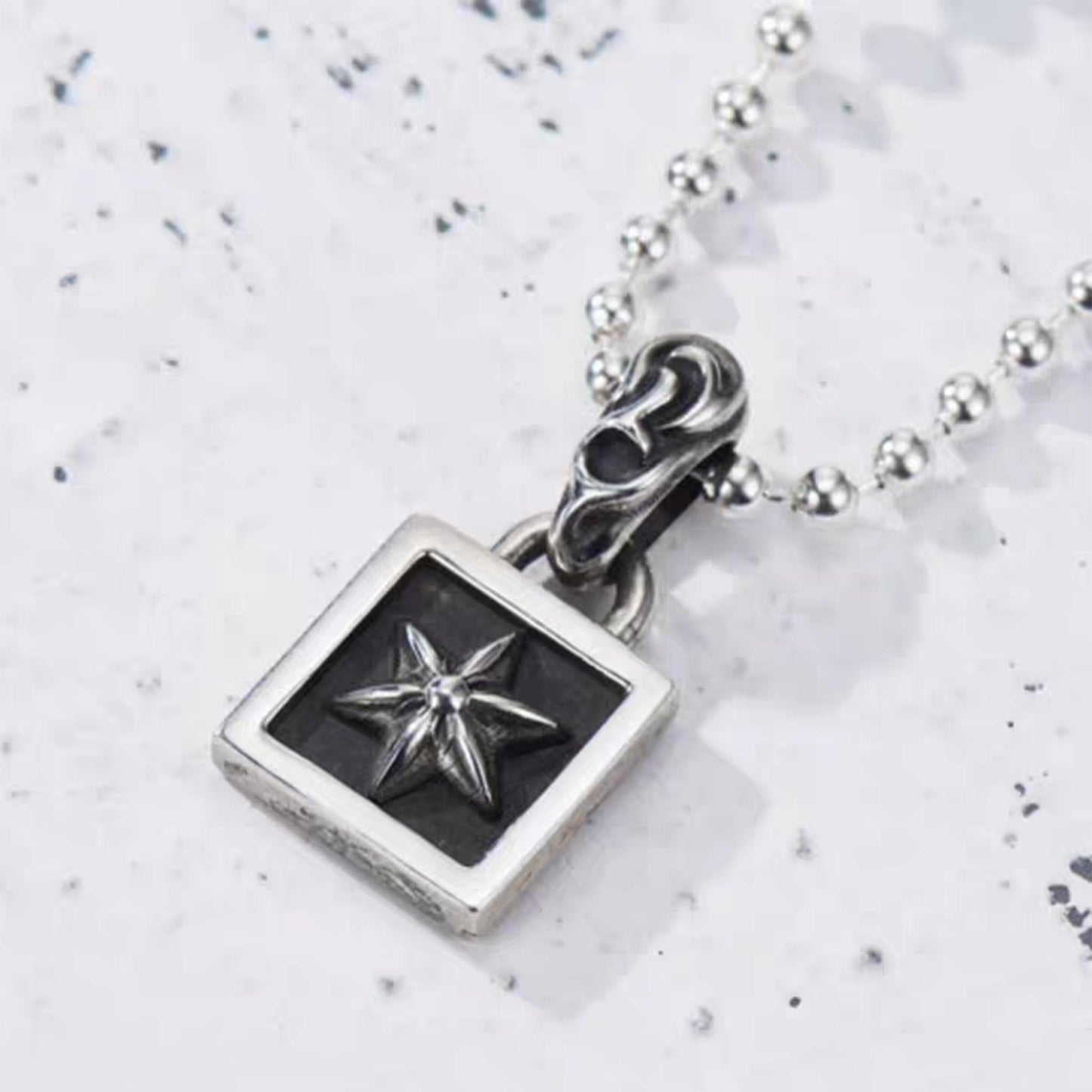 Chrome Hearts Style Square Tag Pendant, Gothic Cross/Star/Flower/Heart Charm, Sterling Silver Ball Chain Necklace