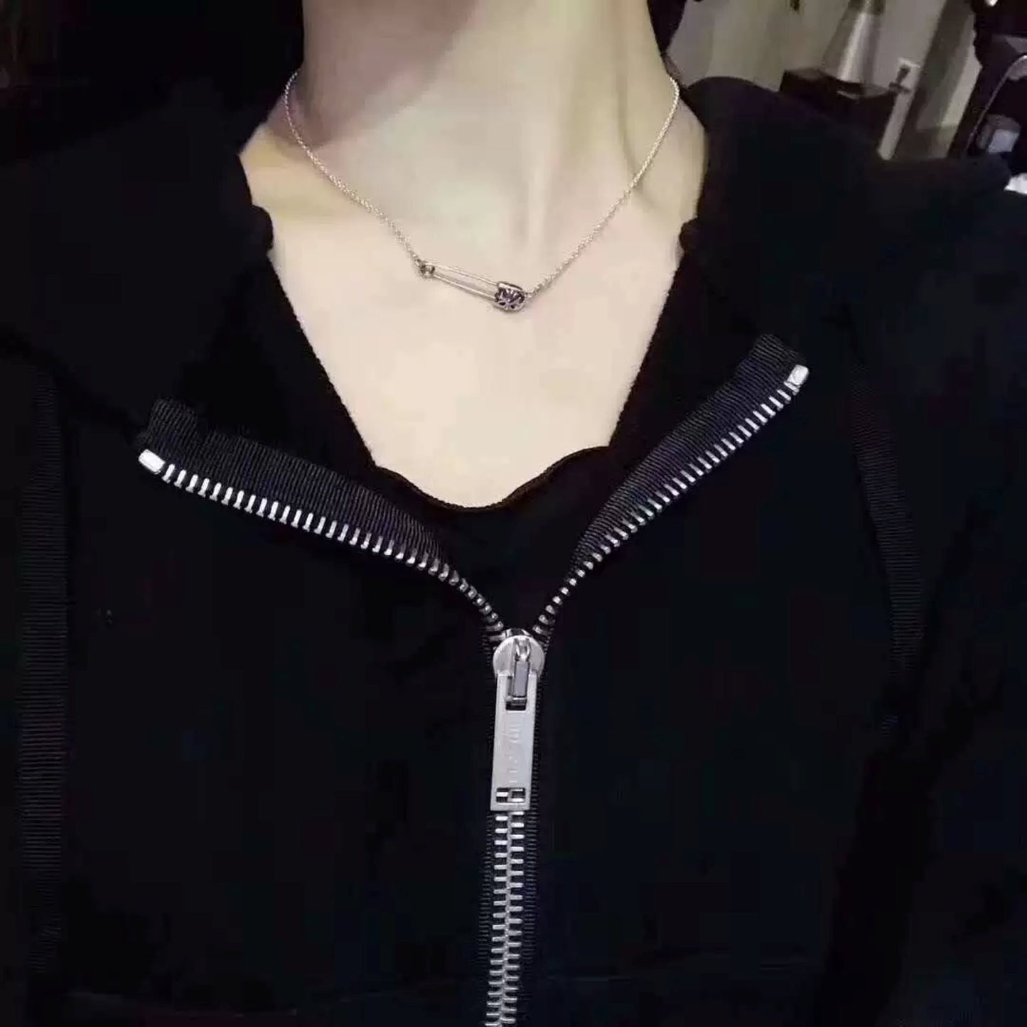 Chrome Hearts Cross Safety Pin Necklace, Sterling Silver Roll Chain Necklace with Paper Clip