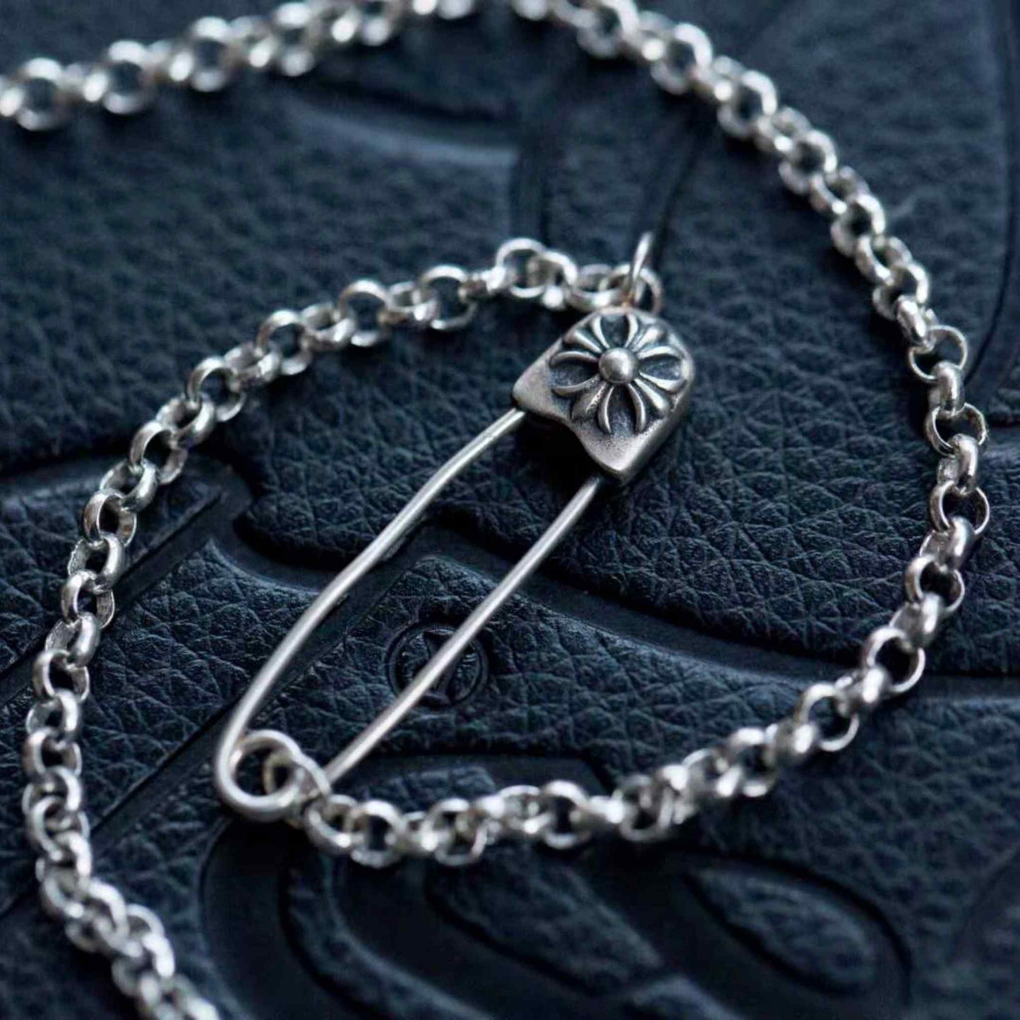 Chrome Hearts Cross Safety Pin Necklace, Sterling Silver Roll Chain Necklace with Paper Clip