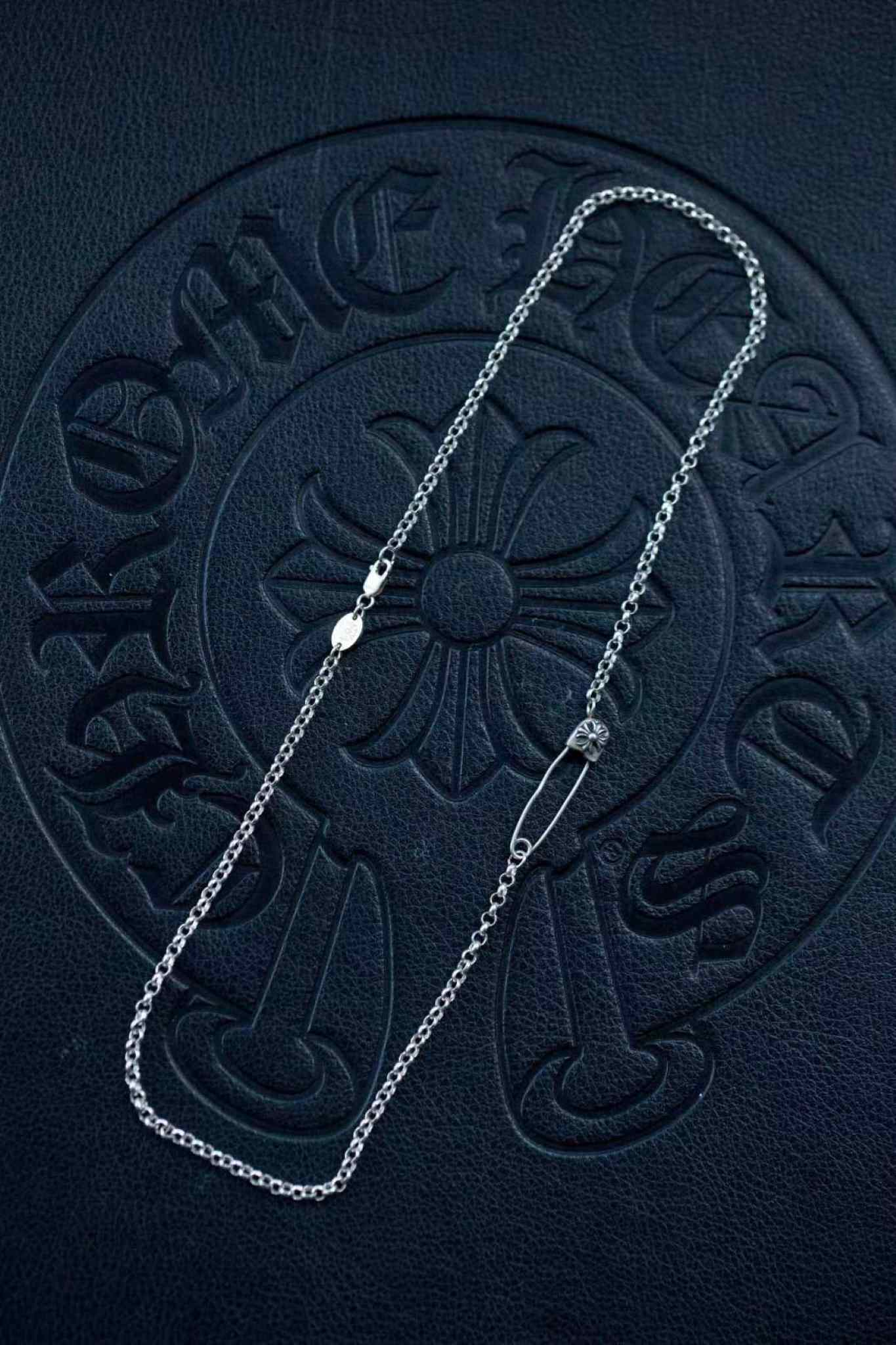 Chrome Hearts Cross Safety Pin Necklace, Sterling Silver Roll Chain Necklace with Paper Clip