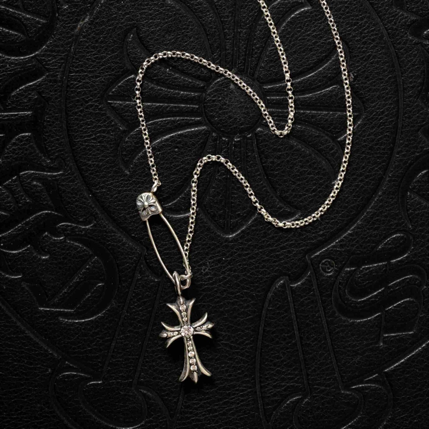 Chrome Hearts Safety Pin Necklace with Cross Babyfat, 925 Silver Roll Chain Necklace with Cross Charm