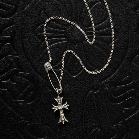 Chrome Hearts Safety Pin Necklace with Cross Babyfat, 925 Silver Roll Chain Necklace with Cross Charm