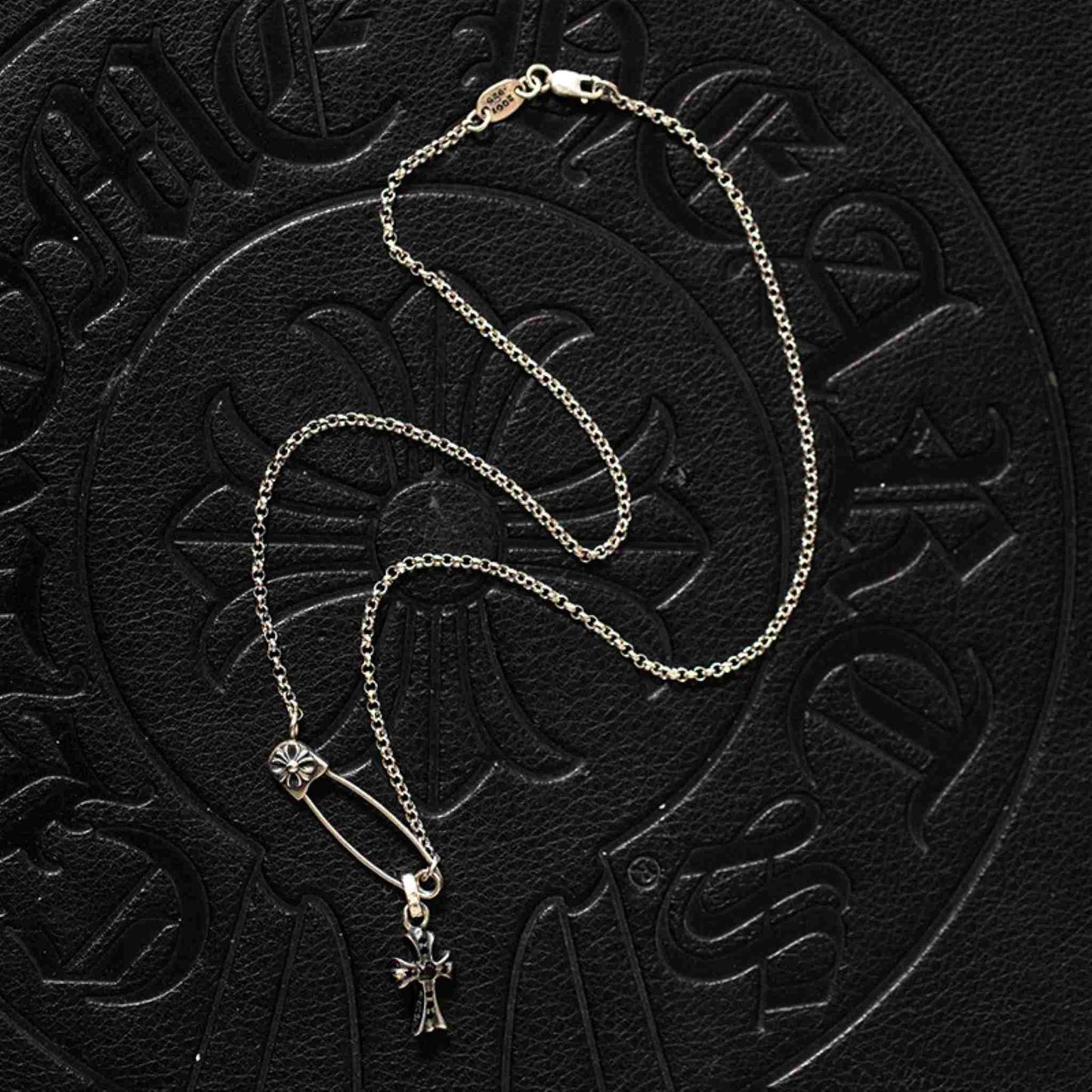 Chrome Hearts Safety Pin Necklace with Cross Babyfat, 925 Silver Roll Chain Necklace with Cross Charm
