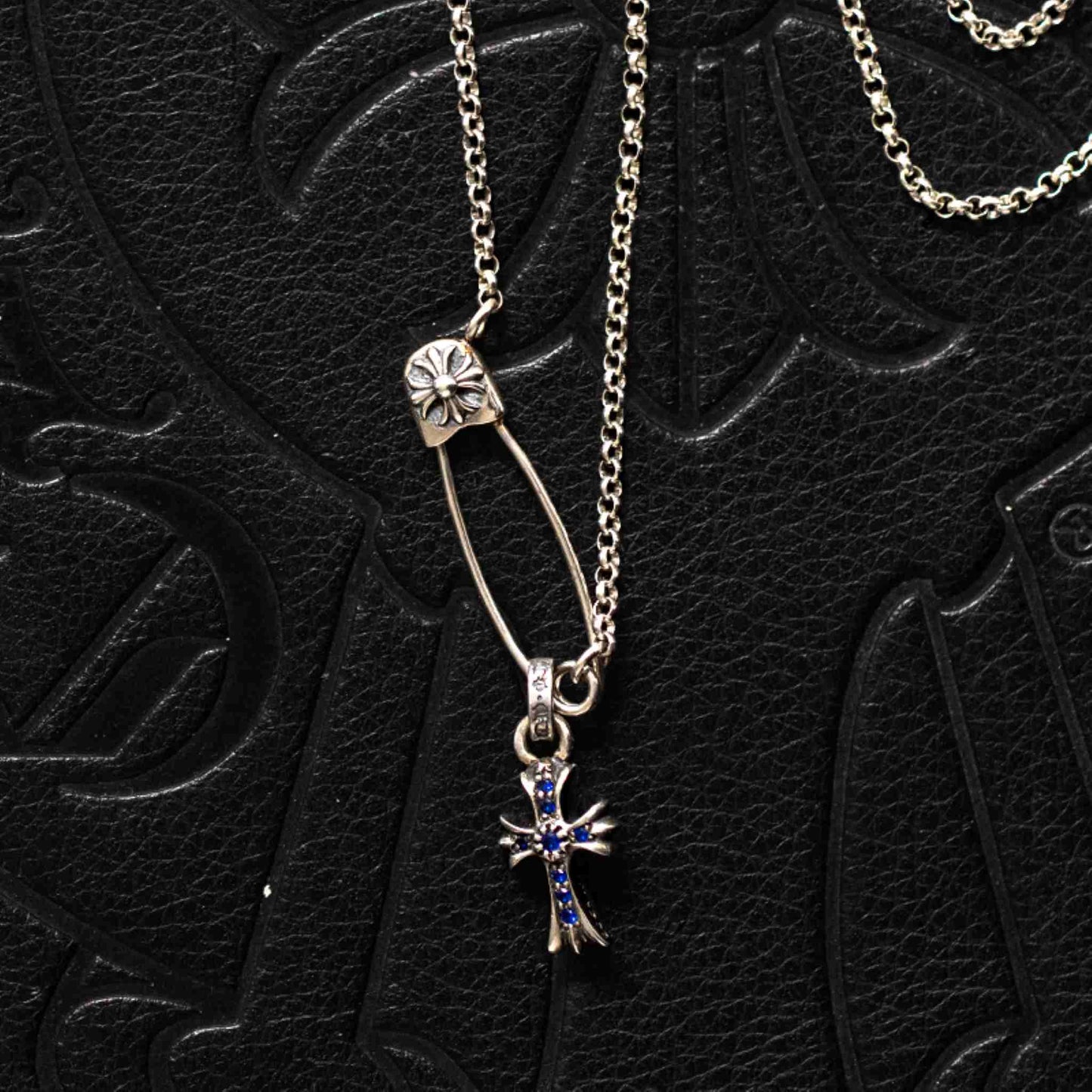 Chrome Hearts Safety Pin Necklace with Cross Babyfat, 925 Silver Roll Chain Necklace with Cross Charm
