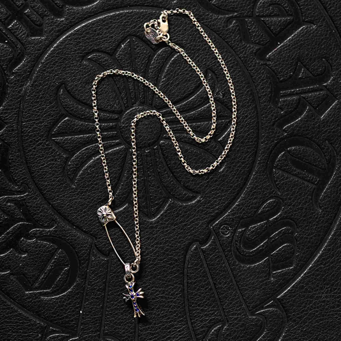 Chrome Hearts Safety Pin Necklace with Cross Babyfat, 925 Silver Roll Chain Necklace with Cross Charm