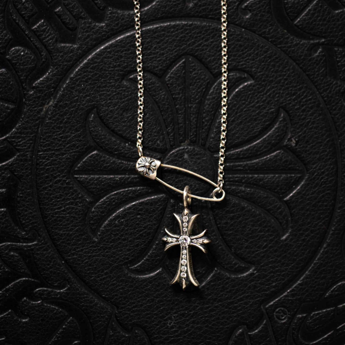 Chrome Hearts Safety Pin Necklace with Cross Babyfat, 925 Silver Roll Chain Necklace with Cross Charm