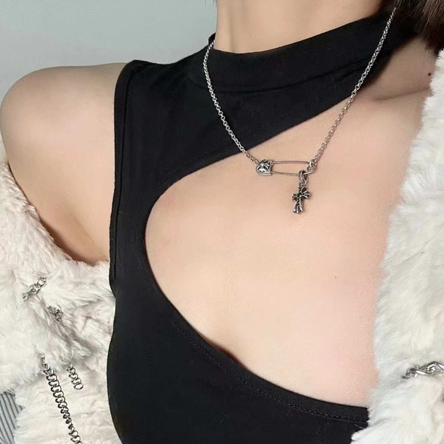 Chrome Hearts Safety Pin Necklace with Cross Babyfat, 925 Silver Roll Chain Necklace with Cross Charm